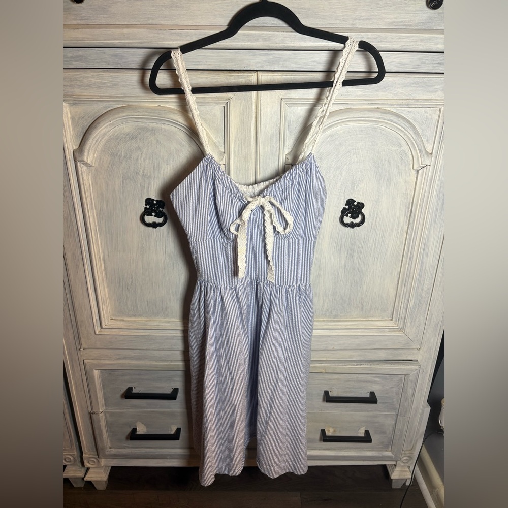 Julie Brown Seersucker Eyelet Lace Babydoll Milkmaid Mini Dress Preppy Bow
